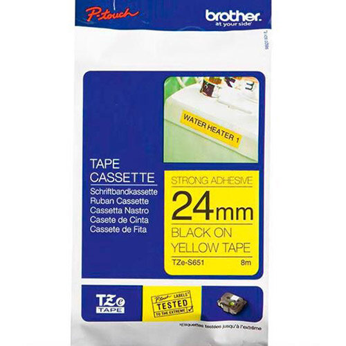 Brother P-touch TZe-S651 24mm x 8m Black On Yellow Strong Adhesive Laminated Labelling Tape Brother P-touch TZe-S651 24mm x 8m Black On Yellow Strong Adhesive Laminated Labelling Tape