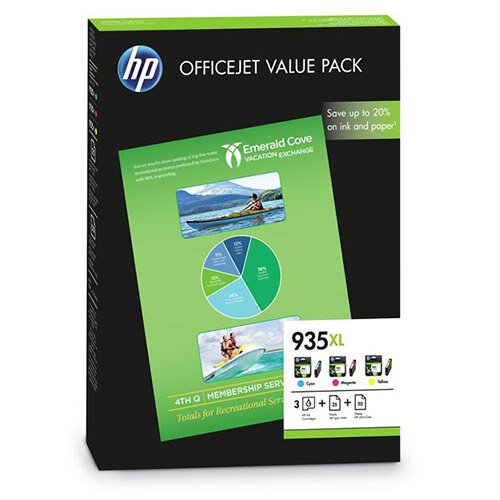 HP 935XL Officejet Value Pack Cyan/Magenta/Yellow Ink Cartridges + (A4) 25 Sheets 180gsm/2 Matt Paper + (A4) 50 Sheets HP All-in-One Printer Paper F6U78AE