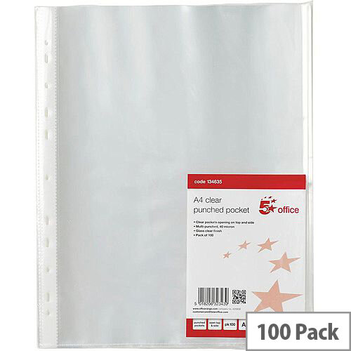 5 Star Office A4 Polypropylene Open Top and Side 40 Micron Punched Pocket Clear Pack of 100