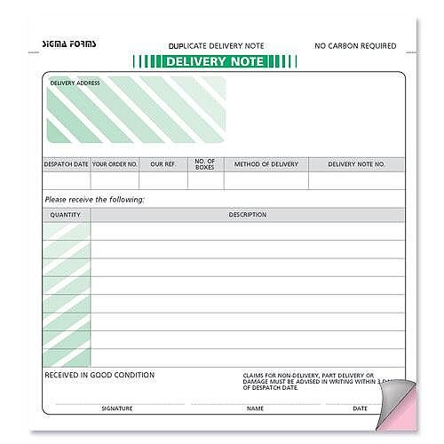 Delivery Note Form 2 Part 207x220mm Pack 50 Sigma