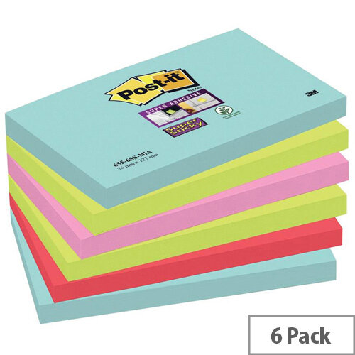 Post-it Super Sticky 76 x 127mm Removable Notes Assorted Colours 6 x 90 Sheets - Aquawave/Neon Green/Neon Pink/Poppy Red Post-it Super Sticky 76 x 127mm Removable Notes Assorted Colours 6 x 90 Sheets - Aquawave/Neon Green/Neon Pink/Poppy Red