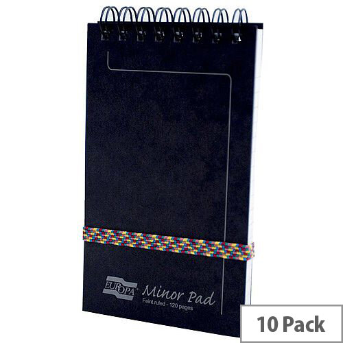 Europa 3012 Minor Notepad Wirebound Elasticated Ruled 120 Pages Black Pack of 10