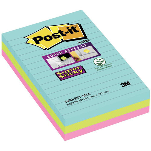Post-it Super Sticky 101 x 152mm Meeting Notes Ruled Assorted Colours 3 x 90 Sheets - Aquawave/Neon Green/Neon Pink Post-it Super Sticky 101 x 152mm Meeting Notes Ruled Assorted Colours 3 x 90 Sheets - Aquawave/Neon Green/Neon Pink