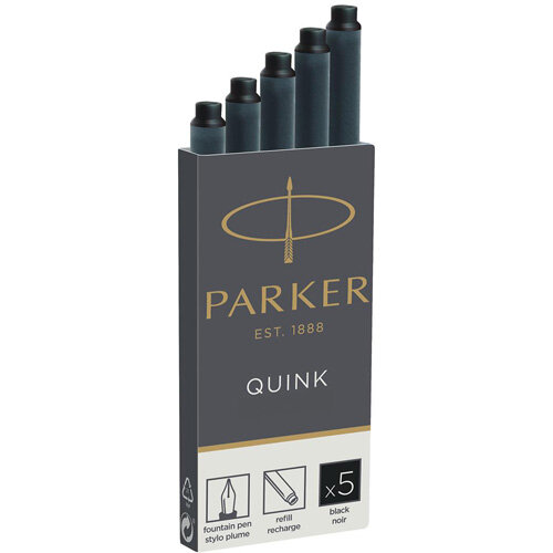 Parker Quink Fountain Pen Refills – Long Cartridges, Black Ink, Box of 5, Dry Quickly, Suitable For Mountain Inks, Blot Free &No Skipping/Scratching (1950382) Parker Quink Fountain Pen Refills – Long Cartridges, Black Ink, Box of 5, Dry Quickly, Suitable For Mountain Inks, Blot Free &No Skipping/Scratching (1950382)