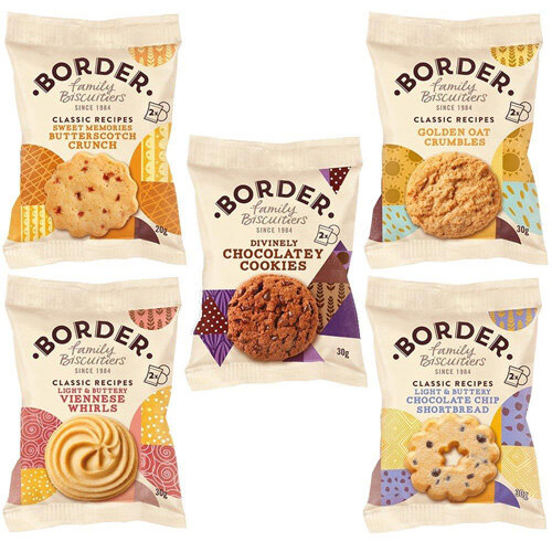 Border Biscuits 5 Assorted Varieties Mini Twin Individually Wrapped Biscuit Packs (Viennese Whirls/Brownies/Butterscotch/Shortbread/Oat Crumbles) Border Biscuits 5 Assorted Varieties Mini Twin Individually Wrapped Biscuit Packs (Viennese Whirls/Brownies/Butterscotch/Shortbread/Oat Crumbles)