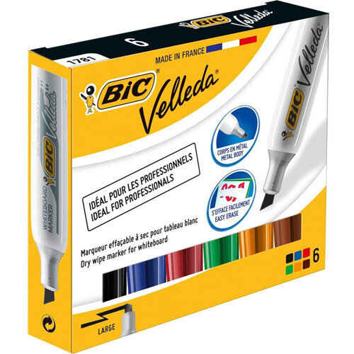 Bic Velleda 1781 Chisel Tip Whiteboard Marker Assorted Colours - Black, Blue, Red, Green, Brown, Orange Wallet of 6 Markers Bic Velleda 1781 Chisel Tip Whiteboard Marker Assorted Colours - Black, Blue, Red, Green, Brown, Orange Wallet of 6 Markers