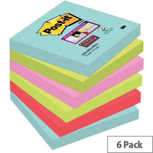 Post-it 76 x 76mm Super Sticky Removable Notes Assorted Colours 6 x 90 Sheets - Aquawave/Neon Green/Neon Pink/Poppy Red Post-it 76 x 76mm Super Sticky Removable Notes Assorted Colours 6 x 90 Sheets - Aquawave/Neon Green/Neon Pink/Poppy Red