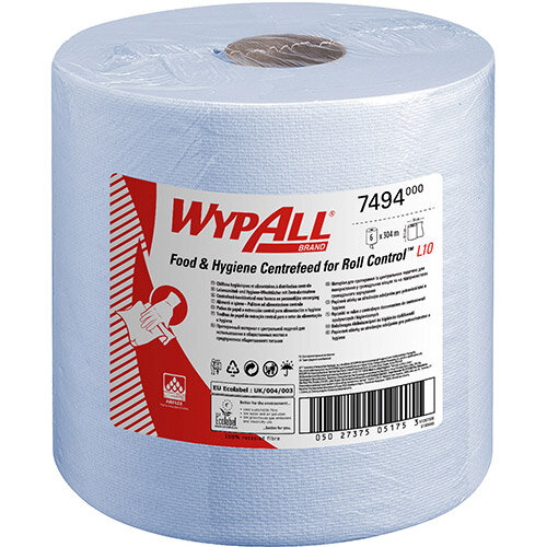 WypAll L10 Centrefeed Hand Towel Roll Single Ply 380x185mm 630 Sheets per Roll Blue Ref 7494 Pack of 6 WypAll L10 Centrefeed Hand Towel Roll Single Ply 380x185mm 630 Sheets per Roll Blue Ref 7494 Pack of 6