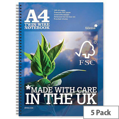 Silvine A4 Wirebound Notebook Perforated Punched Ruled Margin 160pp R202 Pack 5