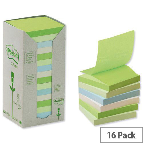 Post-it Z-Note Tower Recycled 100 Sheets per Pad 76x76mm Pastel Assorted Pack 16