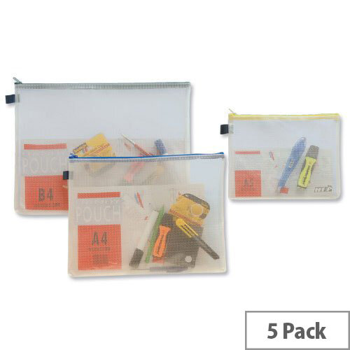 A4 Zip Pouch Blue Reinforced Mesh Weave PVC Clear Pack of 5 INDX A4 Zip Pouch Blue Reinforced Mesh Weave PVC Clear Pack of 5 INDX