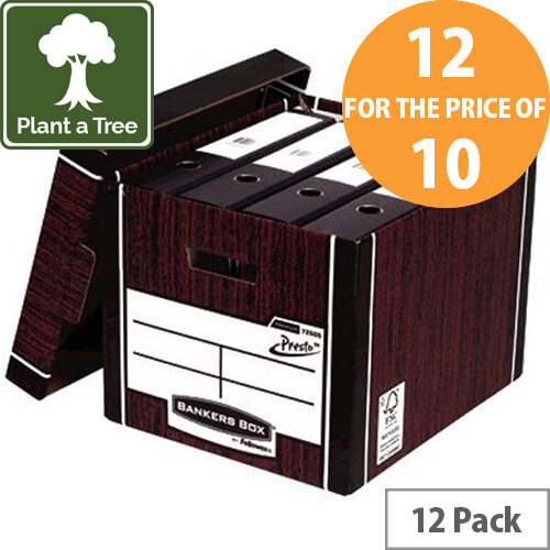Bankers Box by Fellowes Premium PRESTO Tall Stackable Storage Box Woodgrain with Lift off Lid Pack of 12 for the Price of 10 Bankers Box by Fellowes Premium PRESTO Tall Stackable Storage Box Woodgrain with Lift off Lid Pack of 12 for the Price of 10