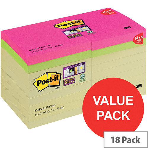 Post-it Super Sticky 76 x 76mm Notes Canary Yellow 14 x Pack of 90 Sheets + FREE 4 x Pack of 90 Sheets Post-it Super Sticky 76 x 76mm Notes Canary Yellow 14 x Pack of 90 Sheets + FREE 4 x Pack of 90 Sheets