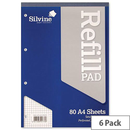 Silvine A4 Refill Pad Quadrille Squared Headbound Perforated Punched Pack 6 Silvine A4 Refill Pad Quadrille Squared Headbound Perforated Punched Pack 6