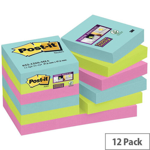 Post-it Super Sticky 47.6 x 47.6mm Removable Notes Assorted Colours 12 x 90 Sheets - Aquawave/Neon Green/Neon Pink Post-it Super Sticky 47.6 x 47.6mm Removable Notes Assorted Colours 12 x 90 Sheets - Aquawave/Neon Green/Neon Pink
