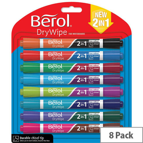 Berol Dual Ended 2 in 1 Drywipe Whiteboard Marker Assorted Colours Pack of 8 Marker Pens