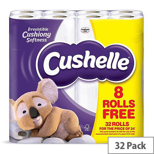 Cushelle White Toilet Paper Tissue Rolls 2 Ply 180 Sheets Per Roll Pack of 32