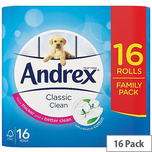 Andrex Classic Clean Toilet Paper Tissue Rolls 2-Ply White 1 x Pack of 16 Rolls