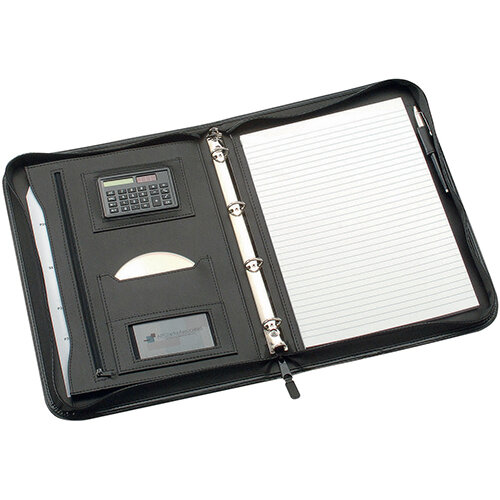 5 Star Office Zipped Conference A4 Folio - 4 Ring Binder with Soft touch, solar powered calculator - Smooth Black Leather Look