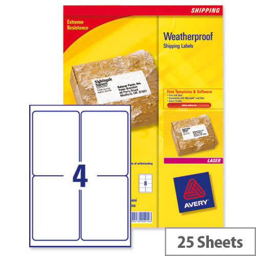 Avery L7994-25 Weatherproof Shipping Labels Laser 4 per Sheet 99.1x139mm 100 Labels Avery L7994-25 Weatherproof Shipping Labels Laser 4 per Sheet 99.1x139mm 100 Labels