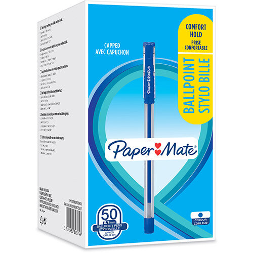 Paper Mate Ball Point Pen 0.7mm Capped Ergonomic Grip Blue Ref 2084374 (Box 50)