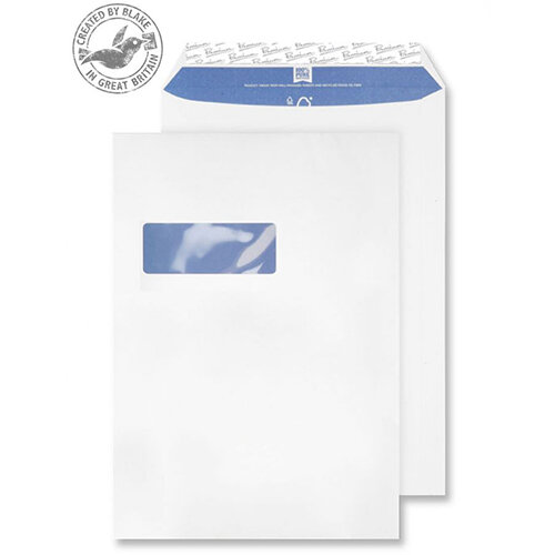 Blake Premium Pure C4 120g/m2 Woven Peel and Seal Window Pocket Envelopes Super White Pack of 250 Ref 4030936 Blake Premium Pure C4 120g/m2 Woven Peel and Seal Window Pocket Envelopes Super White Pack of 250 Ref 4030936