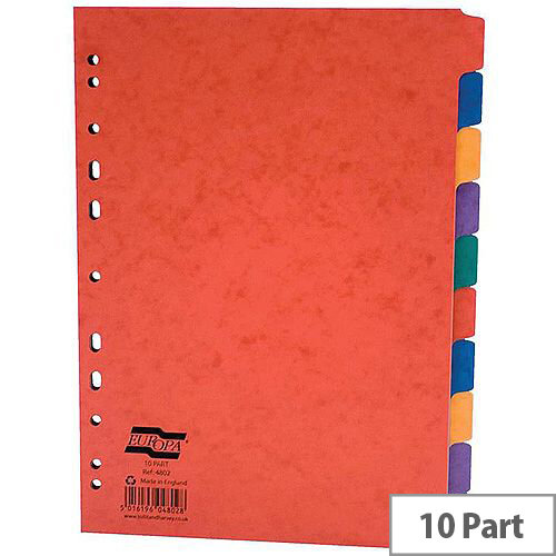 Europa A4 10-Part Subject Dividers Europunched Assorted Pack of 10