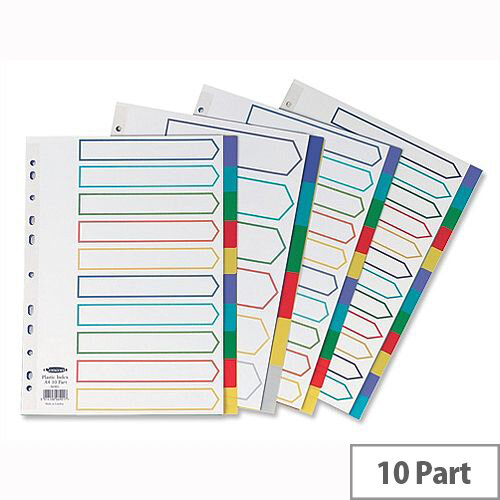 Concord A4 Plastic Subject Dividers Europunched 10-Part Assorted Concord A4 Plastic Subject Dividers Europunched 10-Part Assorted