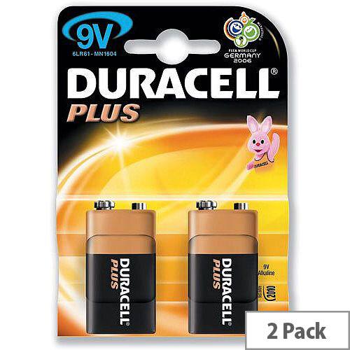 Duracell Plus Power 9V Alkaline Battery Pack Of 2 - Suitable For Use With Low-Mid Level Electronics