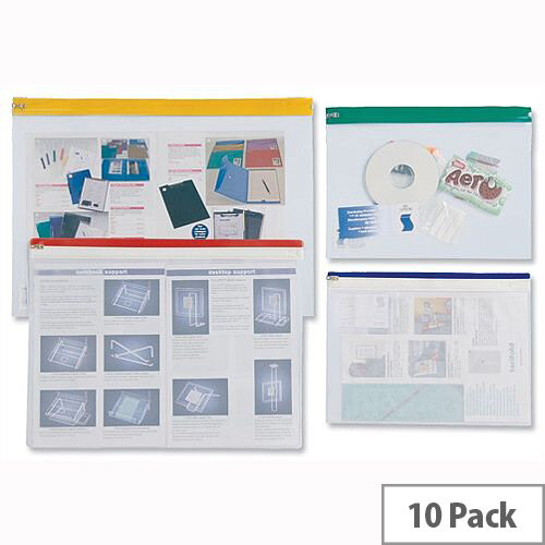 PVC Zip Pouch A4 Heavy Duty Clear Coloured Seal Assorted Pack 10 INDX PVC Zip Pouch A4 Heavy Duty Clear Coloured Seal Assorted Pack 10 INDX