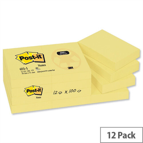 Post-it Recycled Notes 38x51mm Canary Yellow Pad of 100 Pack 12 Post-it Recycled Notes 38x51mm Canary Yellow Pad of 100 Pack 12