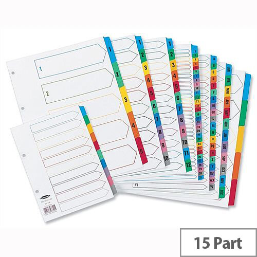 Concord 1-15 Index Multicolour Tabs Reinforced 4 Holes A4 Subject Dividers White