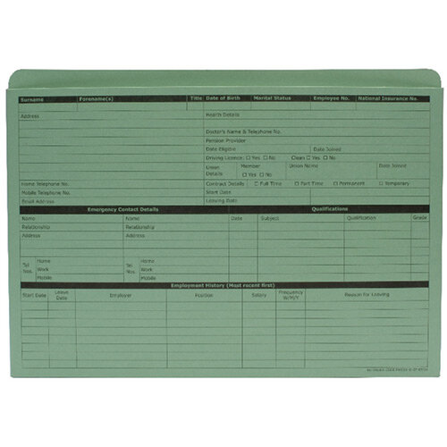 Personnel Forms Personnel Wallets Green 235x330mm Pack 50 Sigma