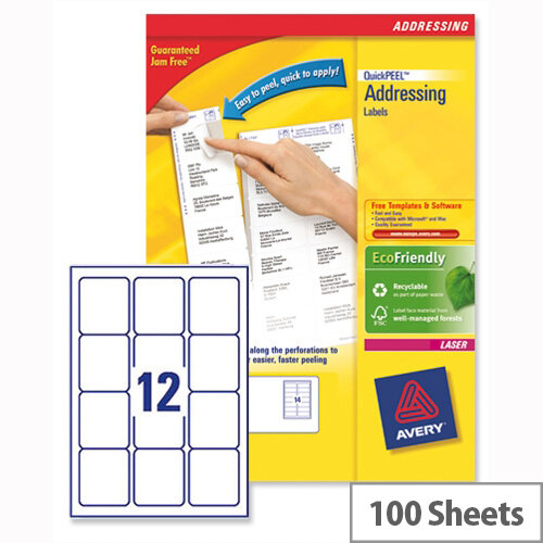 Avery L7164-100 Address Labels Laser 12 per Sheet 63.5x72mm White 1200 Labels