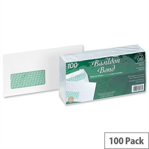 Basildon Bond DL Window Envelopes Peel and Seal White 100gsm Pack of 100 Basildon Bond DL Window Envelopes Peel and Seal White 100gsm Pack of 100