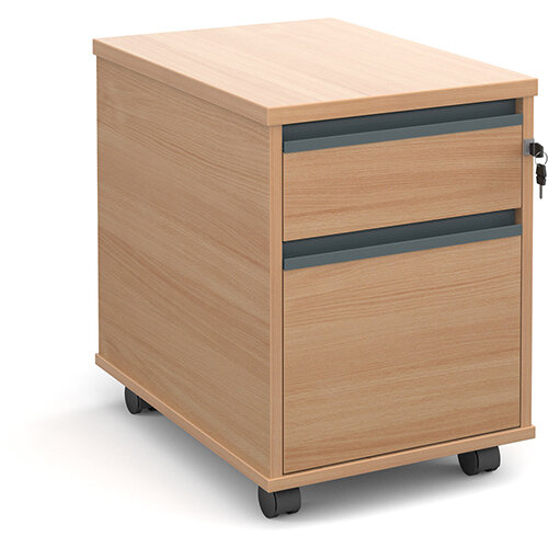 Mobile 2 drawer pedestal with graphite finger pull handles 600mm deep - beech