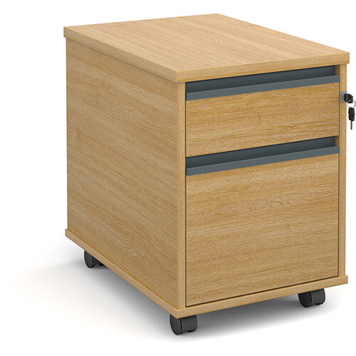 Mobile 2 drawer pedestal with graphite finger pull handles 600mm deep - oak