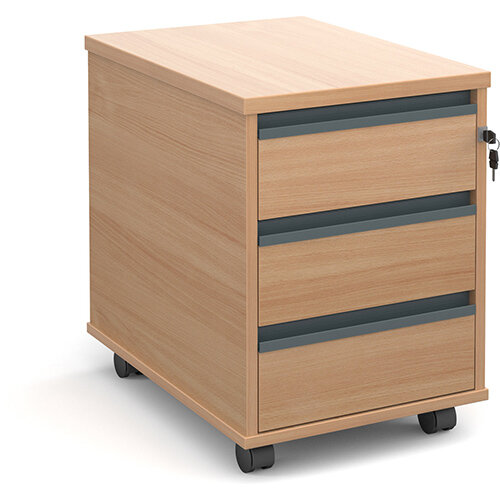 Mobile 3 drawer pedestal with graphite finger pull handles 600mm deep - beech