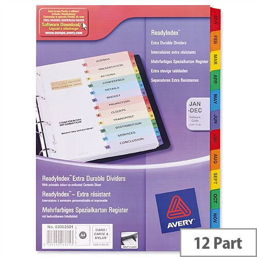 Avery ReadyIndex Dividers Card Mylar Tabs A4 Jan-Dec Ref 2002501 L7411-JD Avery ReadyIndex Dividers Card Mylar Tabs A4 Jan-Dec Ref 2002501 L7411-JD