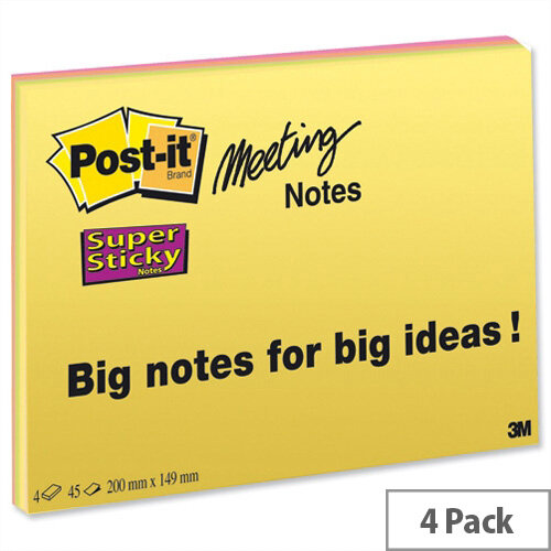 Post-it Super Sticky Meeting Notes 45 Sheets Pads 200x149mm Bright Colours Pack 4 Post-it Super Sticky Meeting Notes 45 Sheets Pads 200x149mm Bright Colours Pack 4
