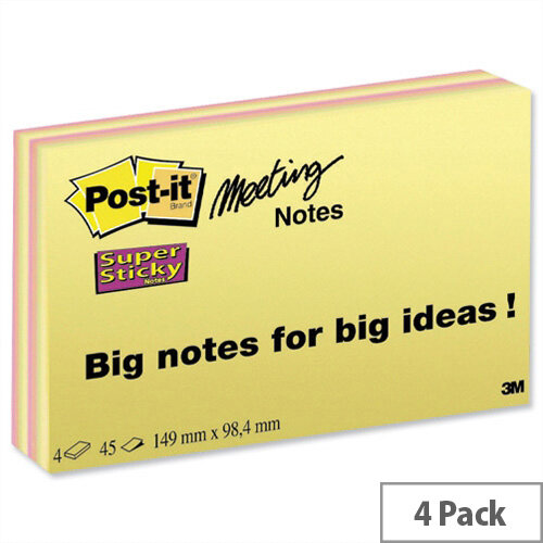Post-it Super Sticky Meeting Notes 45 Sheets Pads 149x98.4mm Bright Colours Pack 4 Post-it Super Sticky Meeting Notes 45 Sheets Pads 149x98.4mm Bright Colours Pack 4