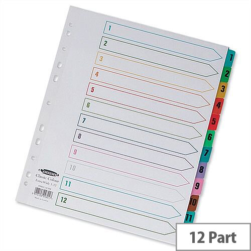 Concord 1-12 Index Extra Wide Multicolour Tabs Europunched A4 Subject Dividers White