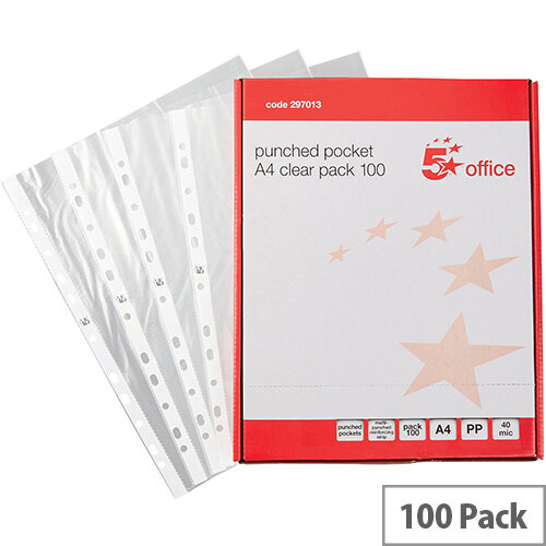 5 Star A4 Clear Punched Poly Pocket Top-Opening 40 Micron Pack 100 5 Star A4 Clear Punched Poly Pocket Top-Opening 40 Micron Pack 100
