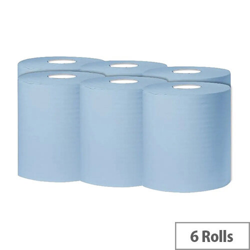 2Work Dispenser Centre Feed Cleaning Paper Towel Rolls  1-Ply 300 Metre Blue Rolls Pack of 6 C1B300