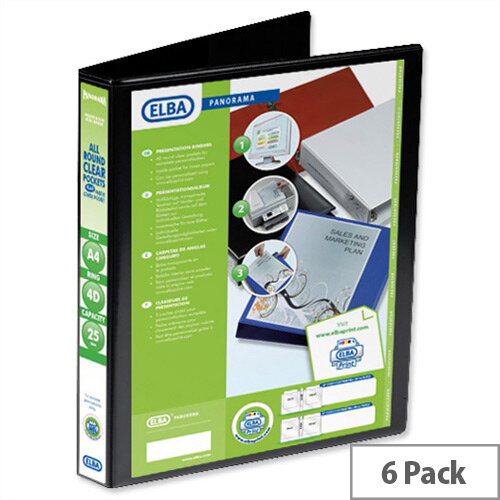 Elba Presentation A4 Ring Binder 25mm Capacity Black 4 D-Ring 560313 Pack 6