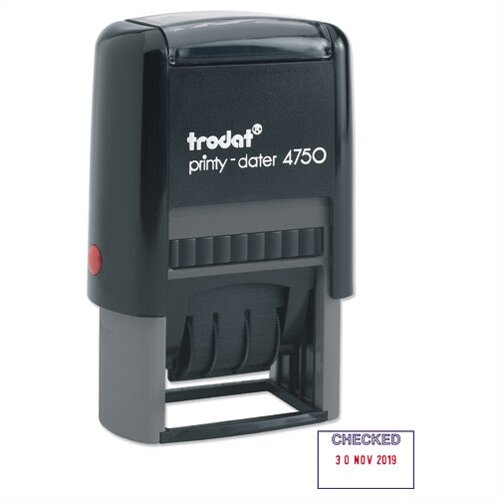 Trodat Eco Printy Checked Word and Date Stamp Self-Inking 40x24mm Red and Blue 54293 Trodat Eco Printy Checked Word and Date Stamp Self-Inking 40x24mm Red and Blue 54293
