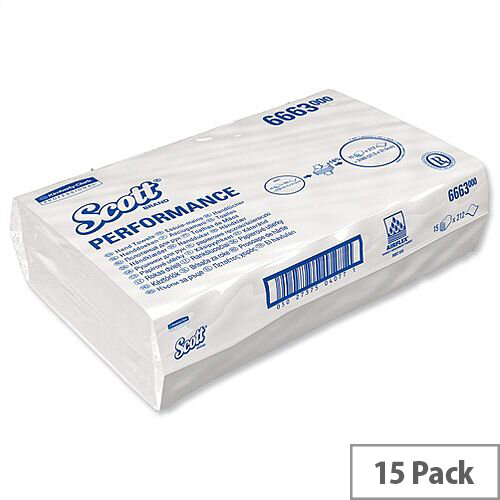 Kimberly Clark Scott Performance 1 Ply Paper White Hand Towels 212 Sheets Pack of 15 (3180 Towels) 6663