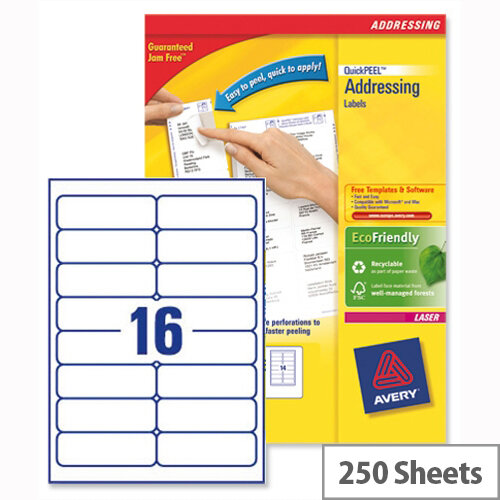 Avery L7162-250 Address Labels Laser 16 per Sheet 99.1x33.9mm White 4000 Labels Avery L7162-250 Address Labels Laser 16 per Sheet 99.1x33.9mm White 4000 Labels