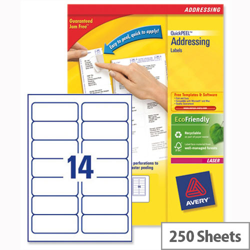 Avery L7163-250 Address Labels Laser 14 per Sheet 99.1x38.1mm White 3500 Labels