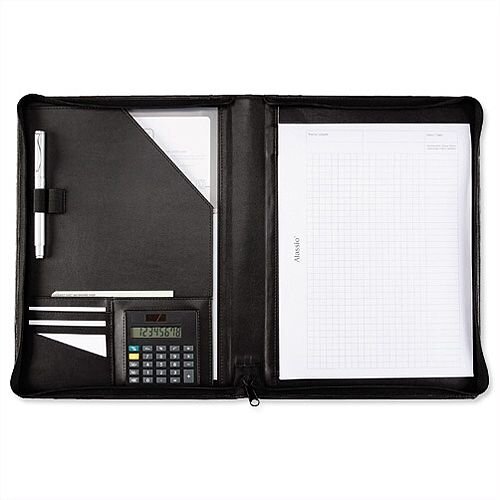 5 Star Elite A4 Zipped Conference Folder with Calculator - Black Leather Look - A4 compartment, pen loops, ball pen, calculator, business card compartments and a notepad 5 Star Elite A4 Zipped Conference Folder with Calculator - Black Leather Look - A4 compartment, pen loops, ball pen, calculator, business card compartments and a notepad